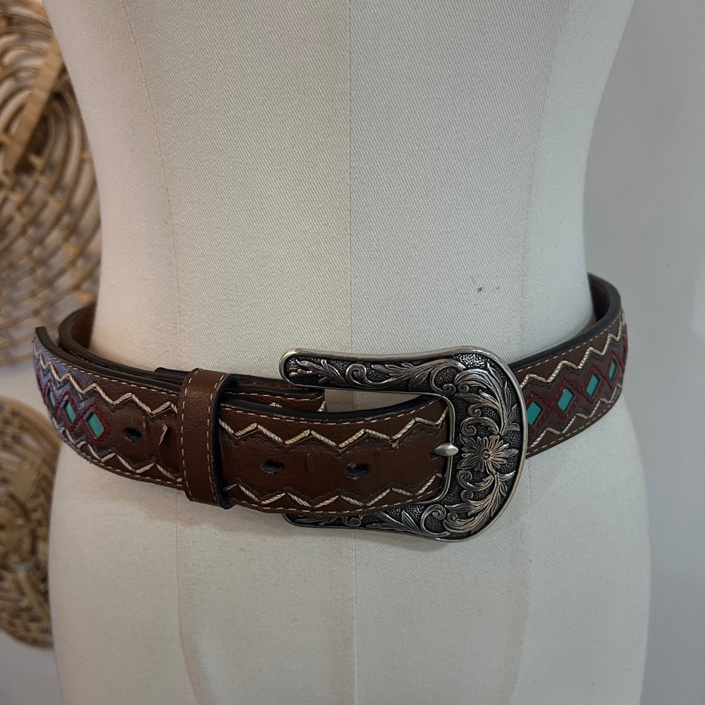 Ariat Brown Leather Turquoise Embroidery Western Cowgirl Belt Small A1518202 - Picture 2 of 14